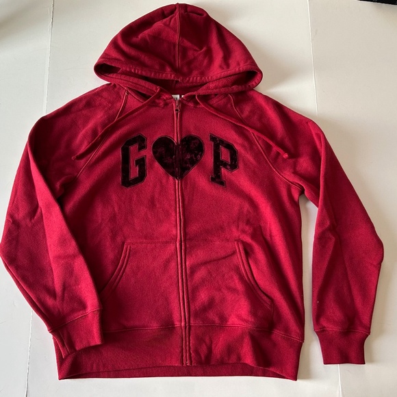 Gap Factory Logo Zip Valentine's Day Red Hoodie Sled Heart M - Picture 6 of 8